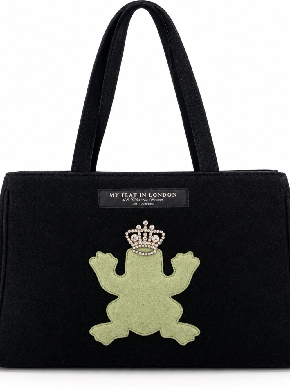 My Flat in London Frog Prince Black Felt Tote Rhinestone Crown Y2K